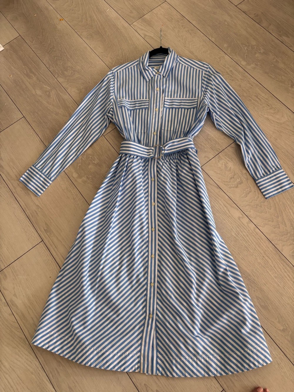 Striped Blue and White Long-Sleeve Shirt Dress with Waist Tie
